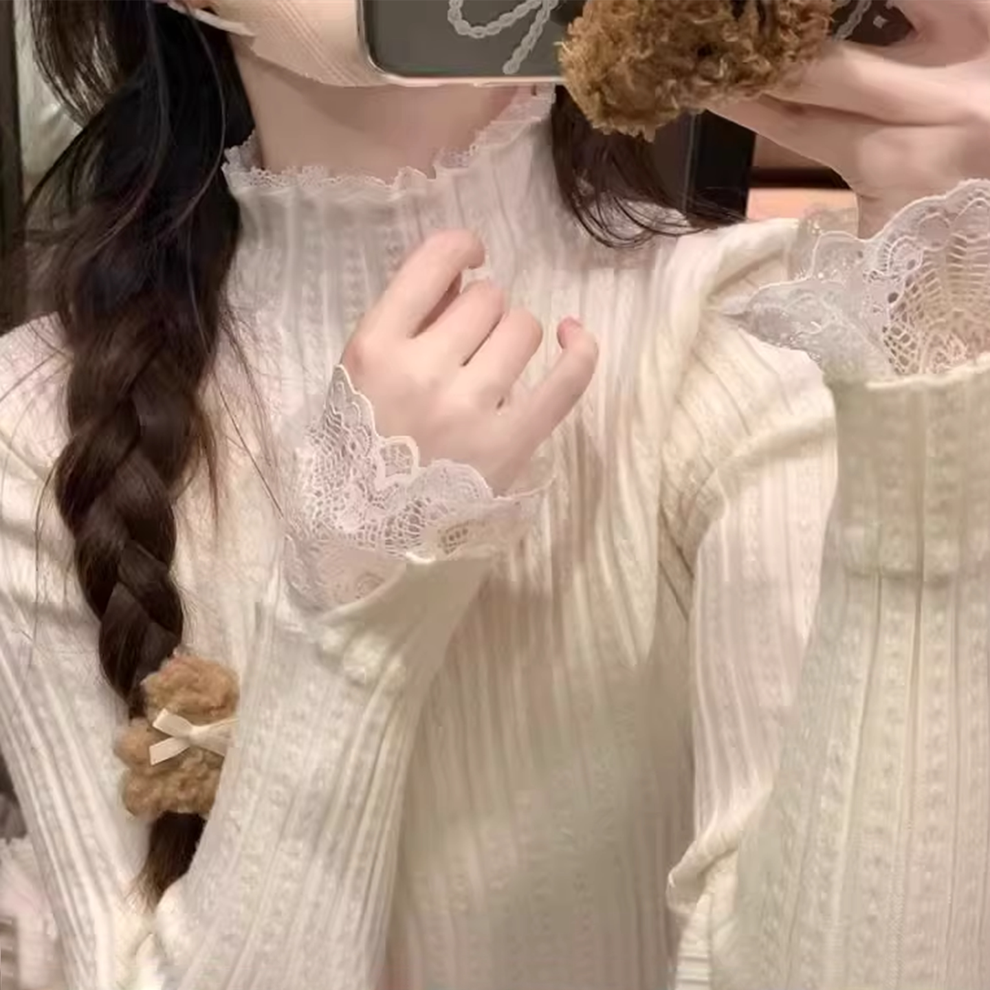 法式杏色拼接蕾丝针织衫
