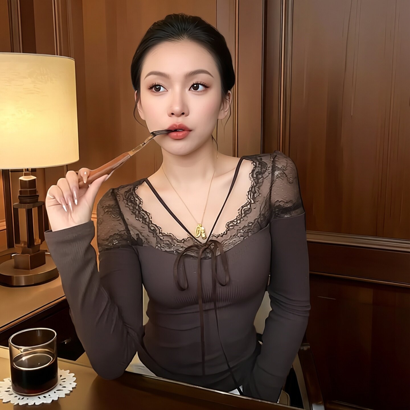 显瘦纯欲性感咖色蕾丝打底衫