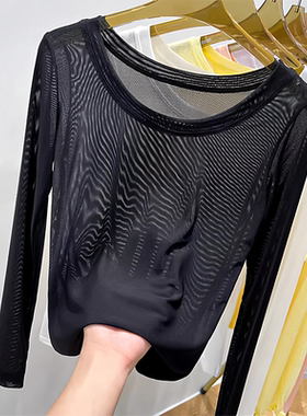 黑色网纱打底衫女春秋新款低领透明纱衣修身内搭高级感蕾丝上衣