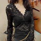 加绒修身 性感洋气内搭长袖 显瘦上衣 女秋冬新款 蕾丝黑色V领打底衫