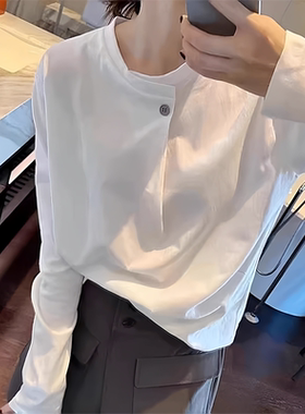 白色纯棉长袖T恤女早春圆领内搭可外穿打底衫高端大牌正肩上衣