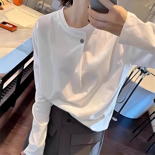 白色纯棉长袖T恤女早春圆领内搭可外穿打底衫高端大牌正肩上衣