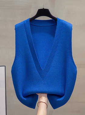克莱因蓝色针织马甲背心女秋季欧货时尚搭配衬衫叠穿V领无袖背心