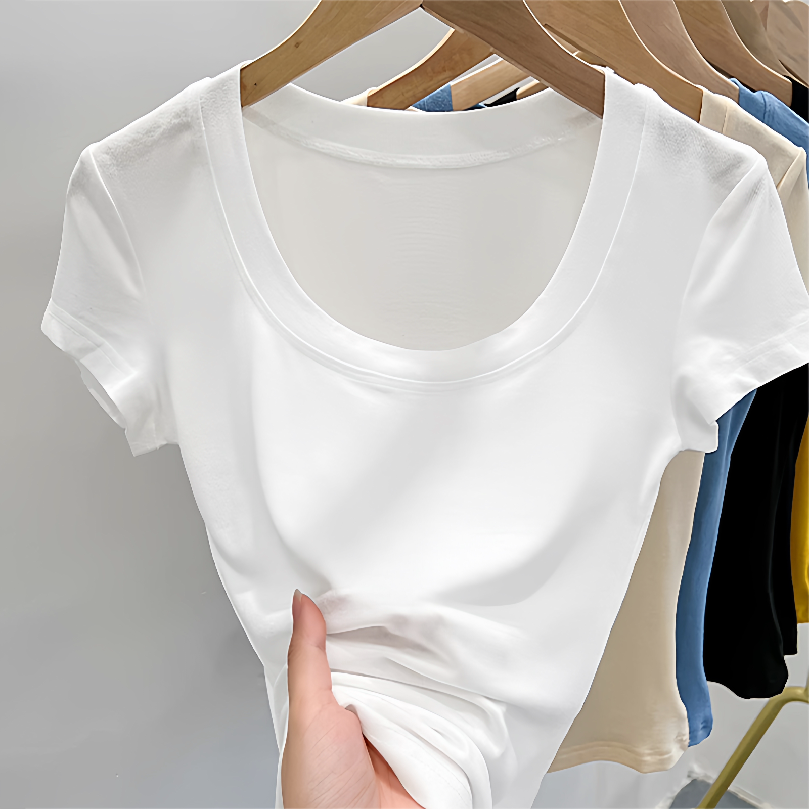 夏季大U领口正肩白色T恤女短袖面膜薄款内搭修身显瘦低领低胸上衣
