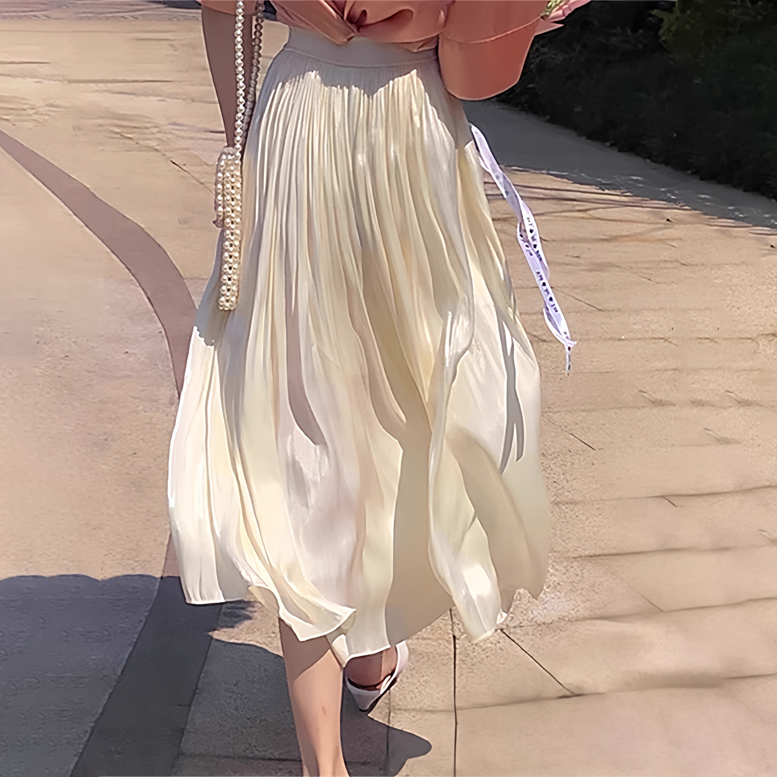 珠光褶皱半身裙女春季高腰百褶裙白色a字半裙小个子中长款伞裙子