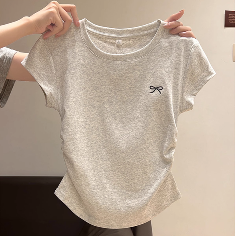白色刺绣圆领短袖T恤女2025春季新款褶皱收腰短款小飞袖正肩上衣
