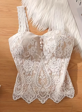 白色蕾丝吊带背心女带胸垫性感无袖打底衫法式美背背心西装内搭