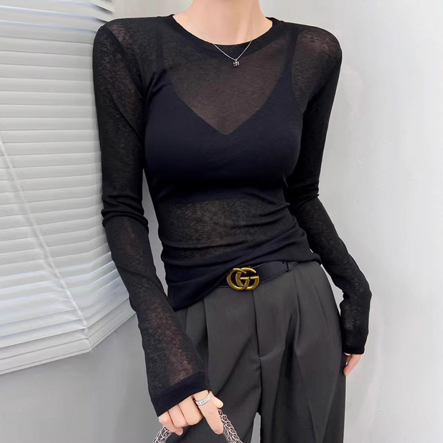 黑色纯欲风微透网纱长袖T恤女