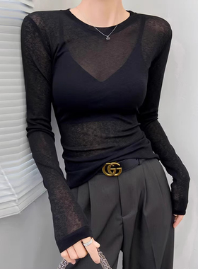 黑色纯欲风微透网纱长袖T恤女秋季性感修身显瘦防晒罩衫正肩上衣