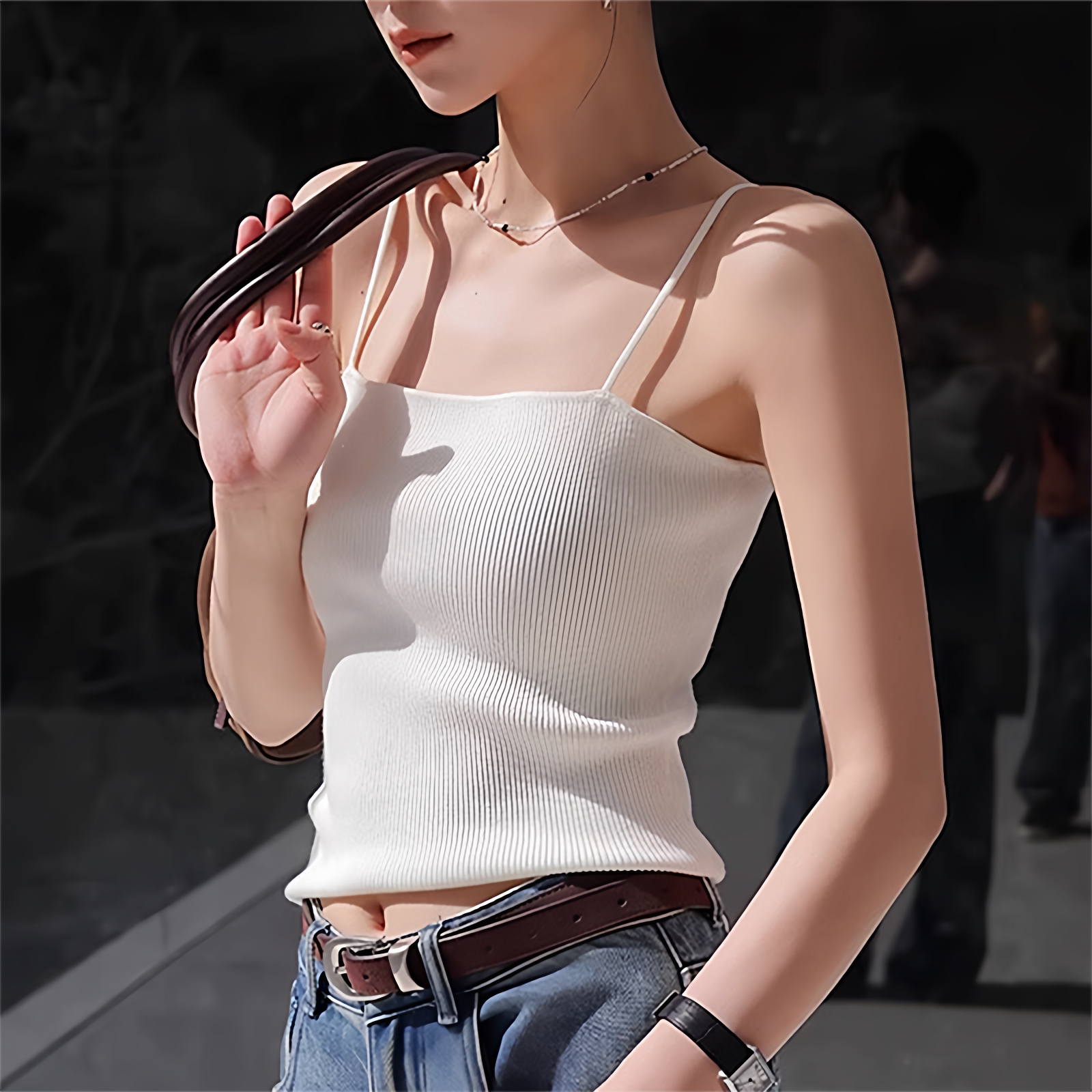 针织白色吊带背心女夏季薄款外穿纯欲风性感美背一字领细肩带上衣