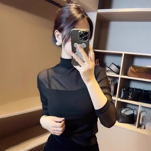 加绒上衣 t恤修身 性感透视网纱半高领打底衫 女秋冬洋气内搭长袖