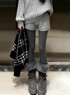 灰色针织毛线短裤女秋冬配靴子外穿包臀热裤辣妹显腿长高腰靴裤