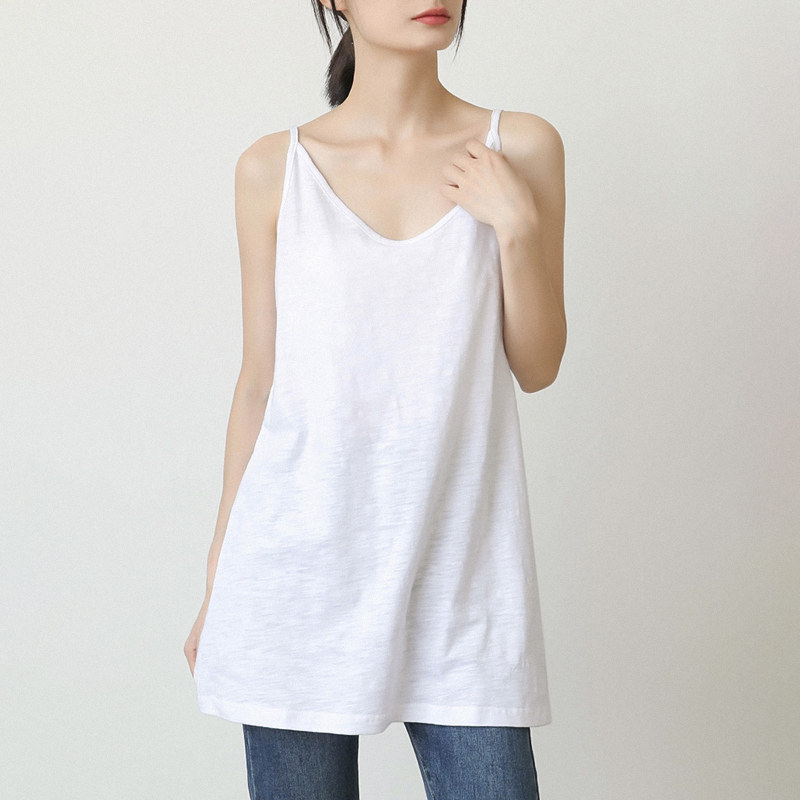 卫衣叠穿打底神器白色背心女中长款纯棉吊带内搭露白边屁帘子下摆