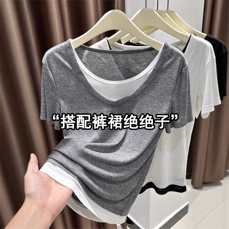 灰色假两件冰丝针织短袖T恤女2025新款夏季薄款宽松休闲正肩上衣
