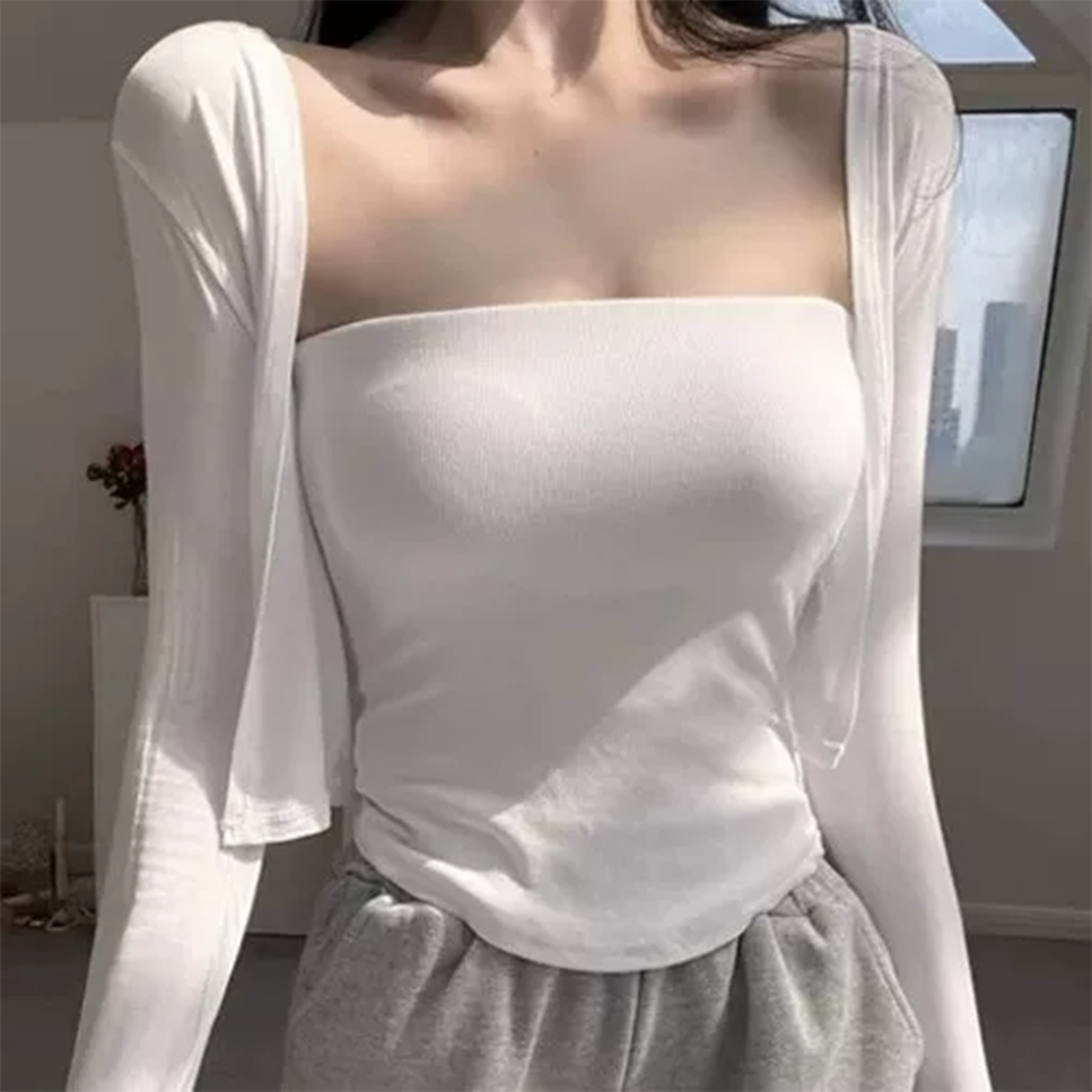 纯色平口领性感显胸大抹胸