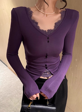 紫色V领蕾丝拼接辣妹打底衫女秋冬内搭性感修身短款收腰纯欲上衣