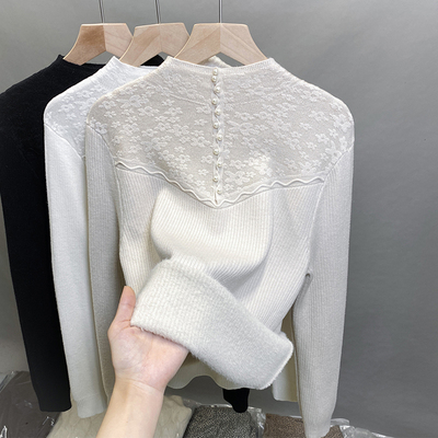 一体绒蕾丝半高领针织衫