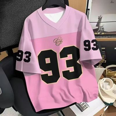 多巴胺撞色V领短袖T恤男女宽松休闲百搭粉色数字印花上衣运动透气