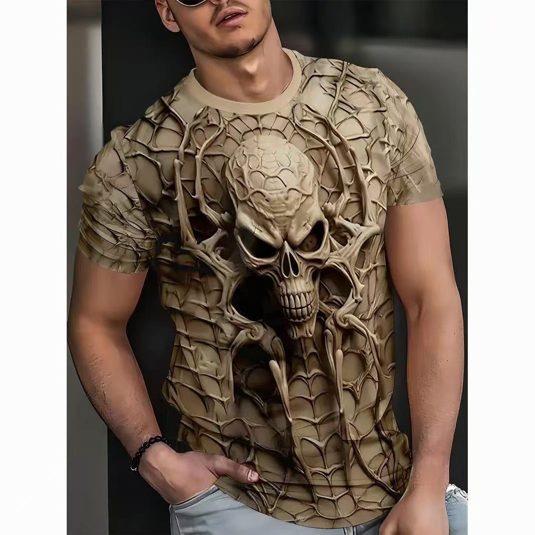 3D印花骷髅头短袖T恤男时尚个性宽松潮牌上衣2025外贸骷髅头印花