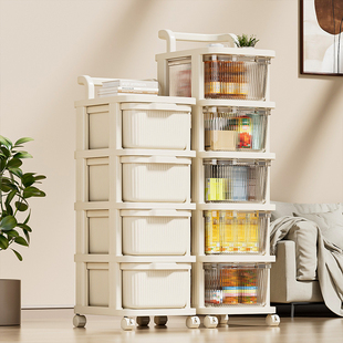 小推车零食置物架婴儿用品收纳柜落地可移动宝宝玩具奶油风储物架