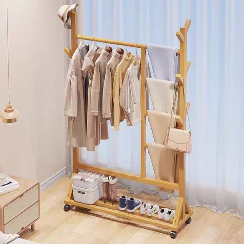 实木衣帽架家用多功能可移动挂衣架落地卧室简约双杆晾衣挂衣杆