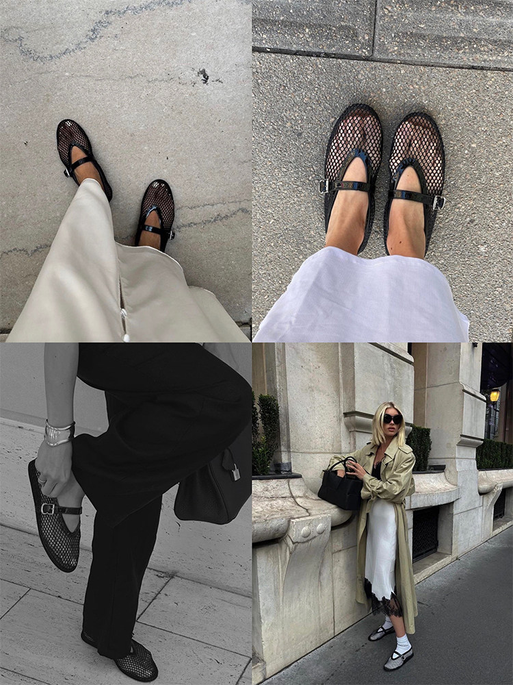 여성용 둥근 발가락 메쉬 한 단어 버클 발레 신발 전체 다이아몬드 플랫 신발 중공 메리 제인 신발 FISHNET 신발