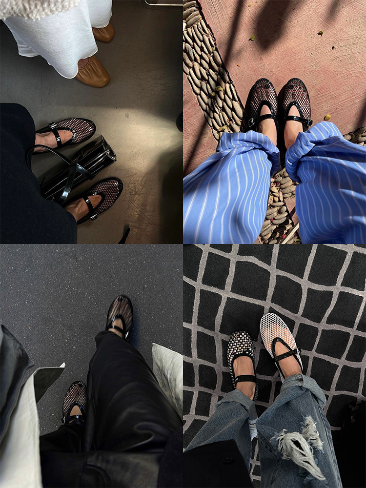 여성용 둥근 발가락 메쉬 한 단어 버클 발레 신발 전체 다이아몬드 플랫 신발 중공 메리 제인 신발 FISHNET 신발