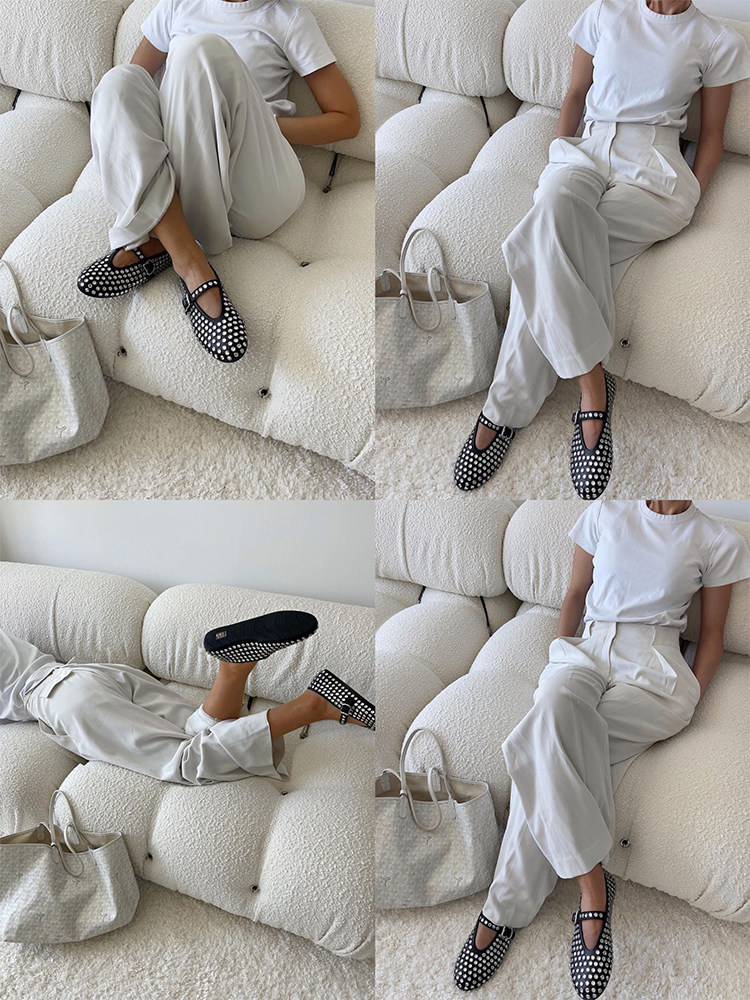 여성용 둥근 발가락 메쉬 한 단어 버클 발레 신발 전체 다이아몬드 플랫 신발 중공 메리 제인 신발 FISHNET 신발