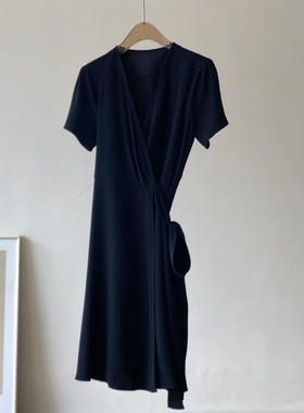 BLUELUCK限量清仓！ 围裹式系带 简约黑色气质V领短袖连衣裙 夏#Y