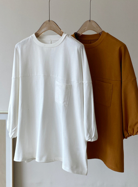 BLUELUCK限量！时髦立体多裁拼接设计七分灯笼袖强捻棉宽松T恤#Y