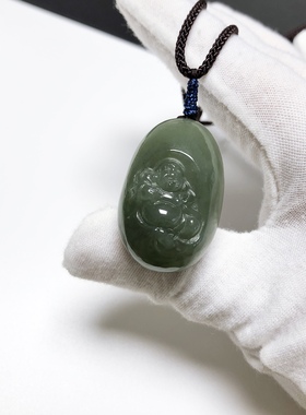 D306# 天然和田玉粉青色手工精雕笑佛吊坠34.2*22*14.3mm 18.93克