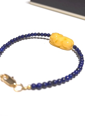 S225# 天然原矿蜜蜡青金石手链3.3mm 配蜜蜡小猪20.5*13*8mm