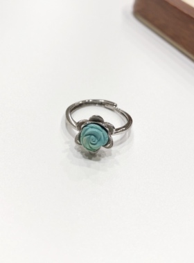 G51# 天然原矿绿松石雕花戒指7.2mm左右 S925银托