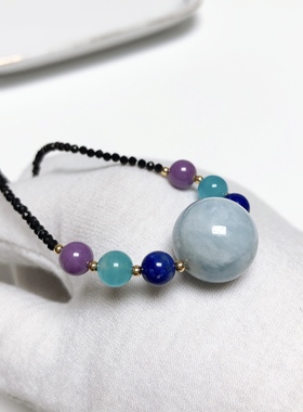 D116# 天然海蓝宝锁骨链15mm 配链黑尖晶