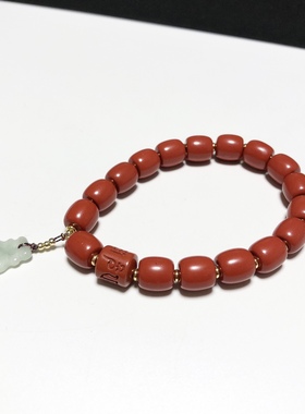 S69# 天然原矿朱砂老型珠手链8.2*8.2mm 配翡翠钱袋吊坠