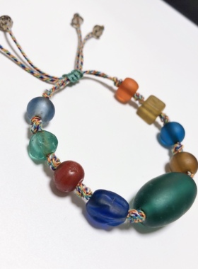 S1382# 手工尼泊尔老琉璃珠手链 顶珠25*14.5mm