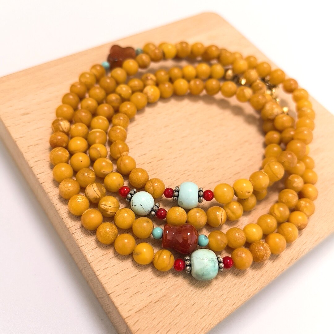 S588# 欧洲回流老蜜蜡四圈手链5mm 配绿松石 南红 总重11.38克