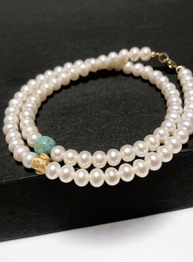 S1347# 天然淡水珍珠极光小灯泡双圈手链5mm 配绿松石 老金