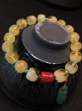 蜜蜡朱砂翡翠吊坠手串回纹珠