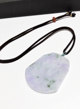 D528# 天然A货翡翠紫罗兰飘绿花无事牌吊坠毛衣链挂件54*45*4.3mm