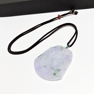 D528# 天然A货翡翠紫罗兰飘绿花无事牌吊坠毛衣链挂件54*45*4.3mm