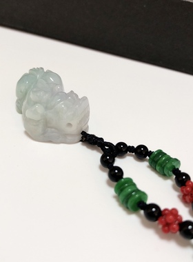 D1062#天然A货翡翠带紫精雕貔貅吊坠 配黑玛瑙珠链34*17.8*12.3mm