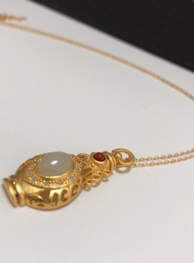 D224# 天然和田玉白玉S925纯银精工镶嵌宝瓶吊坠项链 35*15*7.5mm