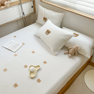 有态度韩国小熊纯棉床笠三件套加厚夹棉绗缝席梦思全棉床垫保护罩