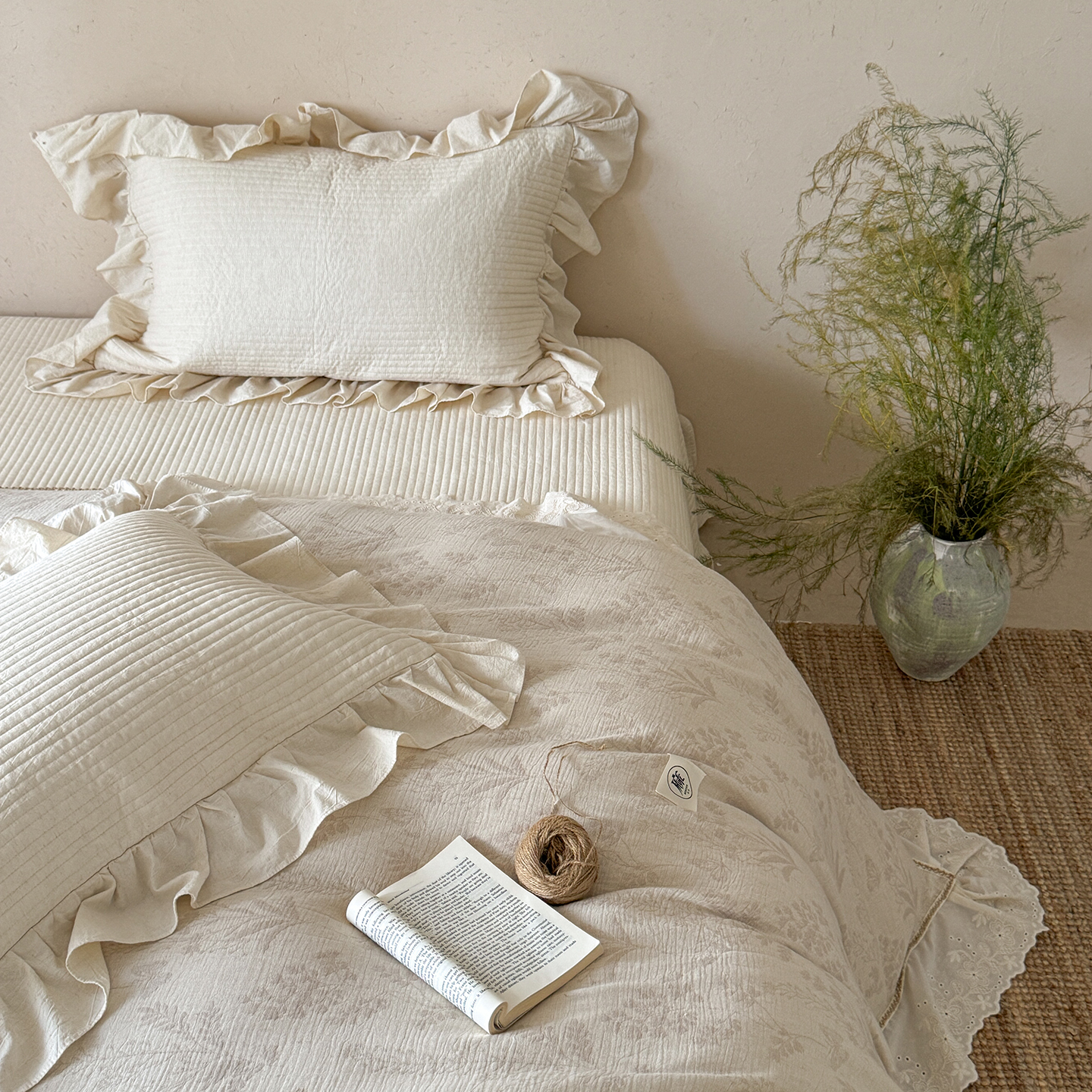 有态度棉麻提花床盖三件套夹棉绗缝榻榻米纯色床单被套四季可机洗