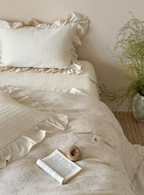 有态度棉麻提花床盖三件套夹棉绗缝榻榻米纯色床单被套四季可机洗