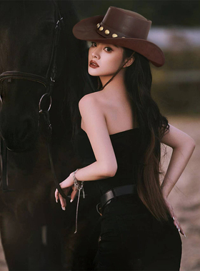 春秋冬男女骑马皮革西部牛仔帽