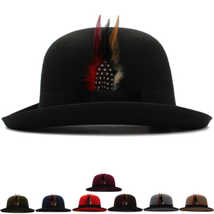 稍大头围春秋冬季男女椭圆顶波乐帽毛呢骑术帽羽毛装饰复古礼帽