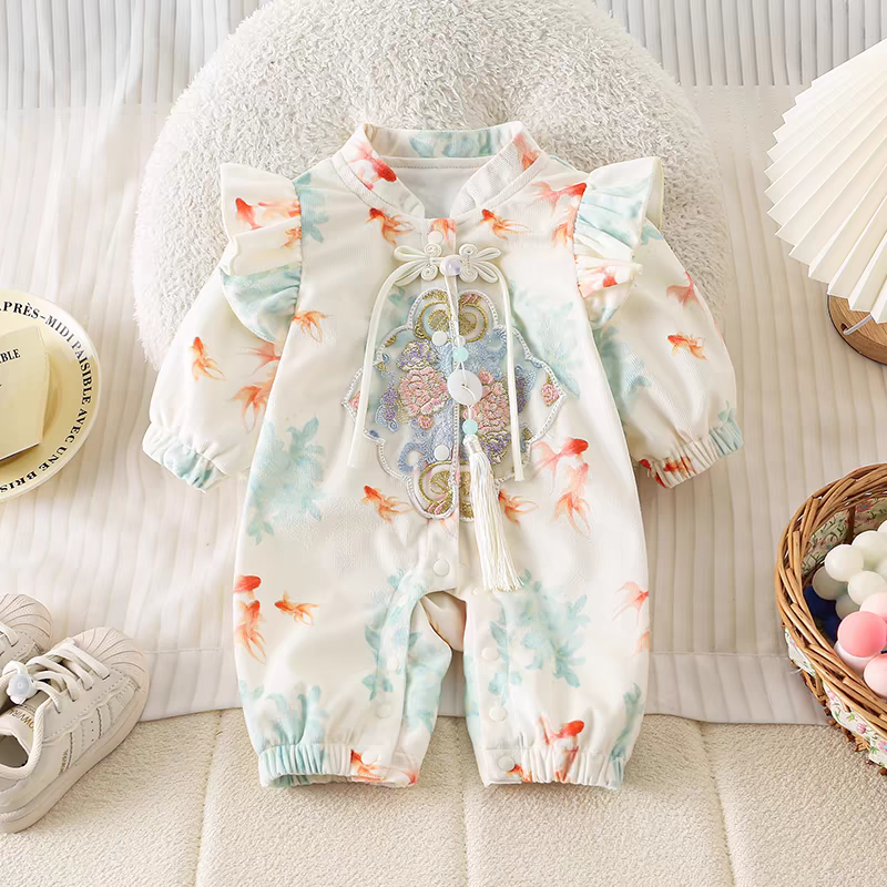 婴幼儿新中式连体衣女宝宝满月酒百天照过周岁宴抓周礼服汉服爬服