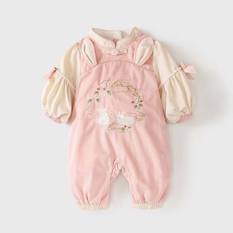 婴儿秋季连体衣改良新中式冬装加绒女宝宝中国风汉服长袖哈衣爬服